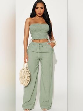 High-Waist Wide-Leg Drawstring Pants - Sage Green